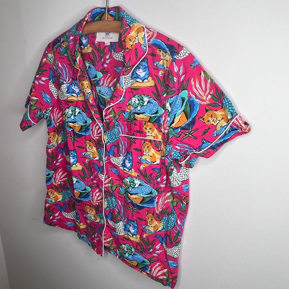 Printfresh Meowing Mermaids Cats Pink Organic Cotton Pajama Top XS Button Up - Picture 5 of 9